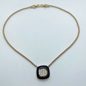𝅺vtg Nina Ricci Black Enamel Rhinestone Square Pendant Gold Tone Necklace 17”